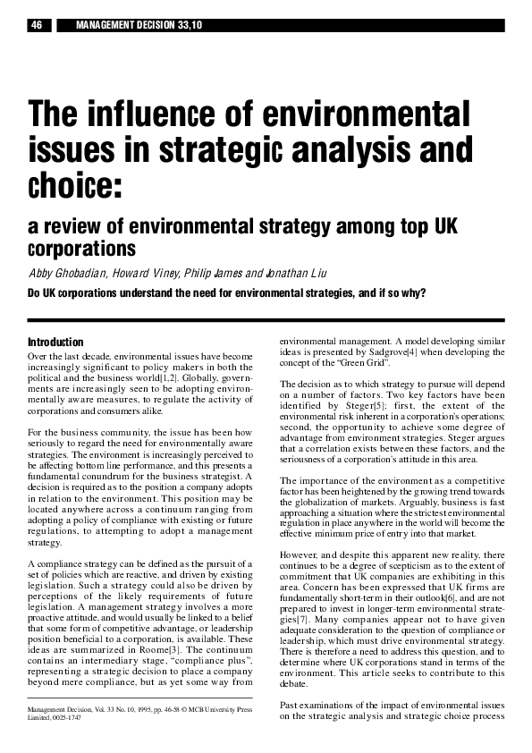 (PDF) The influence of environmental issues in strategic analysis and ...