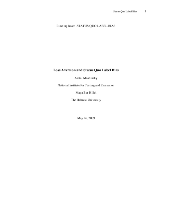 (PDF) Loss Aversion and Status Quo Label Bias