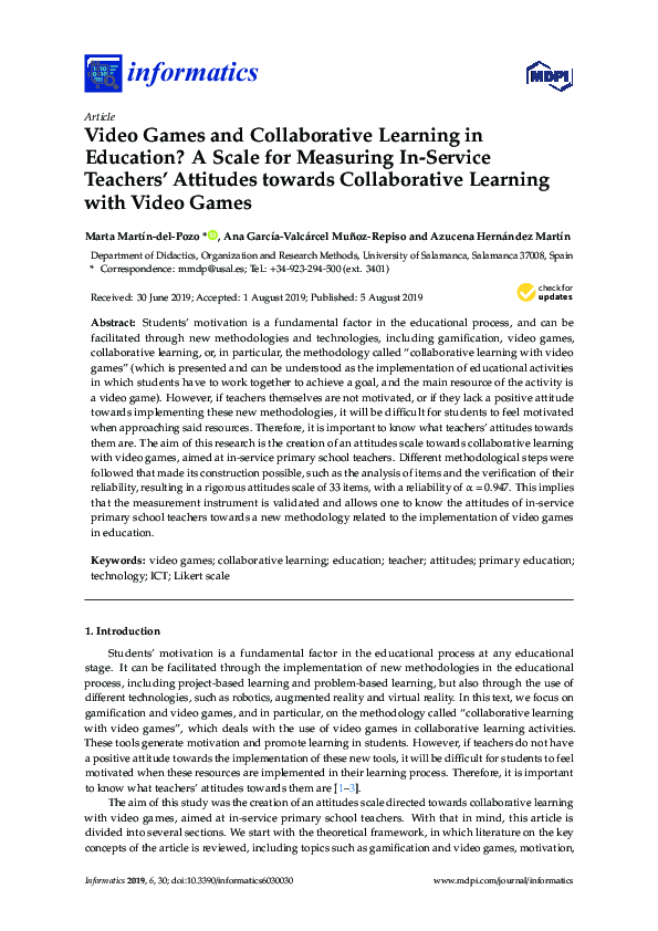 (PDF) Video Games and Collaborative Learning in Education? A Scale for ...