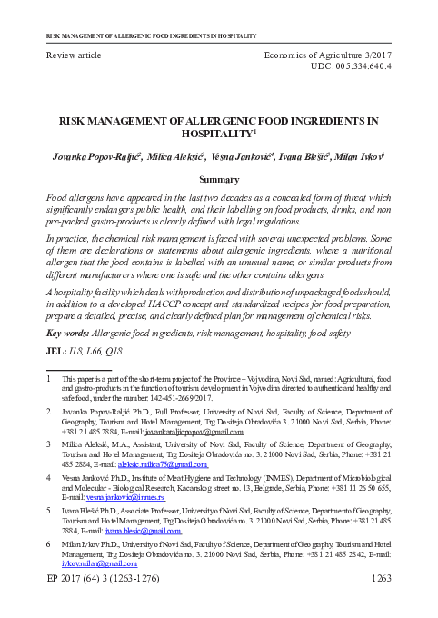 (PDF) Risk management of allergenic food ingredients in hospitality