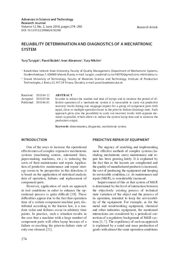 (PDF) Reliability Determination and Diagnostics of a Mechatronic System