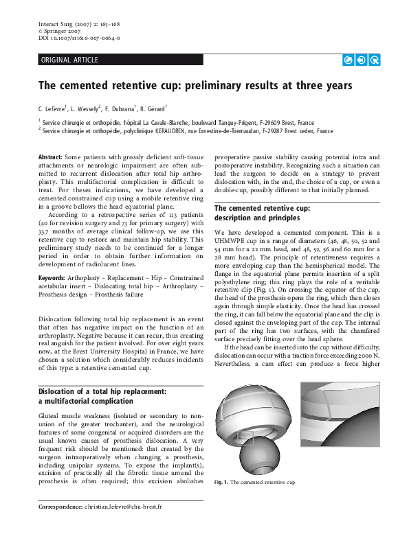 (PDF) The cemented retentive cup: preliminary results at three years