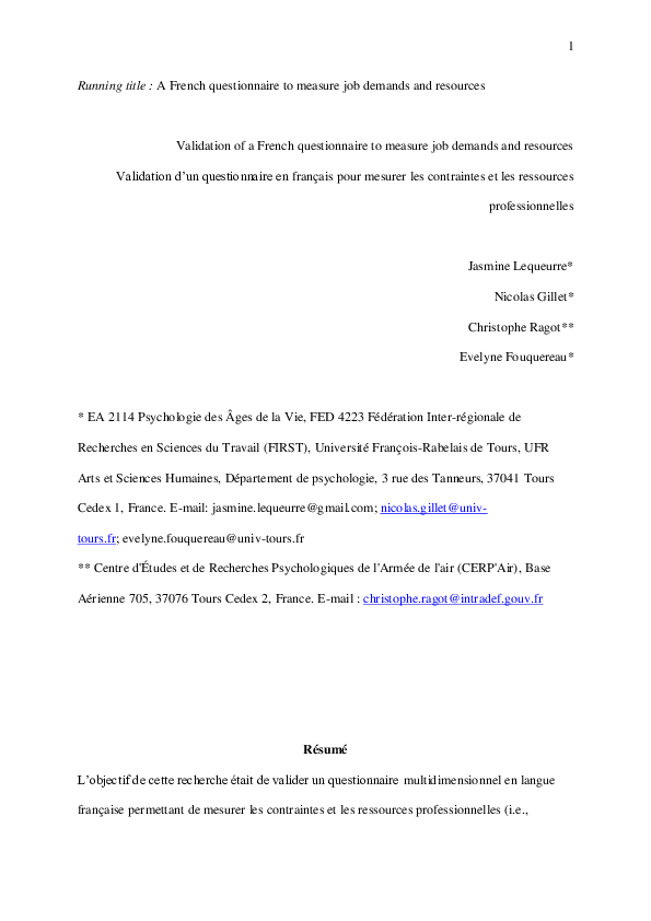 (PDF) Validation of a French questionnaire to measure job demands and ...