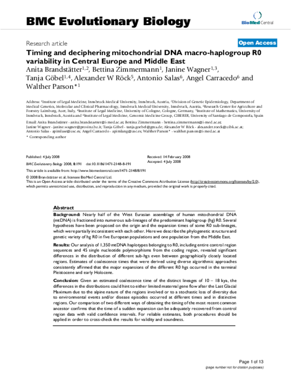 (PDF) Timing and deciphering mitochondrial DNA macro-haplogroup R0 ...