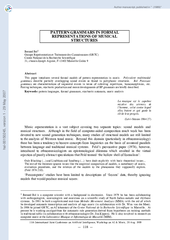 (PDF) Pattern grammars in formal representations of musical structures