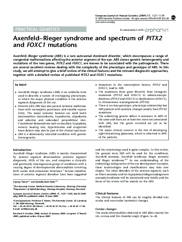 (PDF) Axenfeld–Rieger syndrome and spectrum of PITX2 and FOXC1 mutations