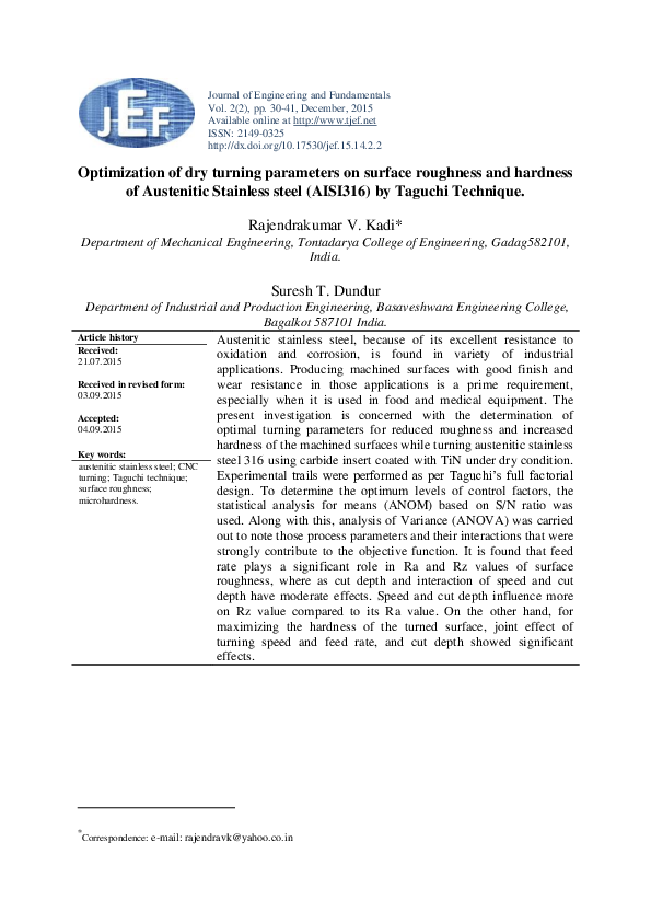 (PDF) Optimization of dry turning parameters on surface roughness and ...