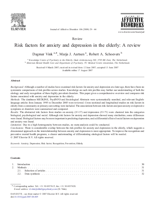 (PDF) Risk factors for anxiety and depression in the elderly: A review