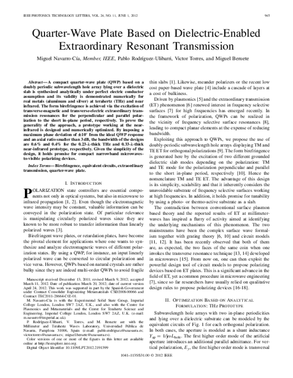 (PDF) Quarter-Wave Plate Based on Dielectric-Enabled Extraordinary ...