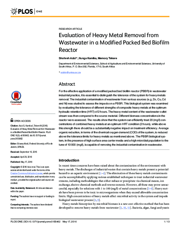 (PDF) Evaluation of Heavy Metal Removal from Wastewater in a Modified ...