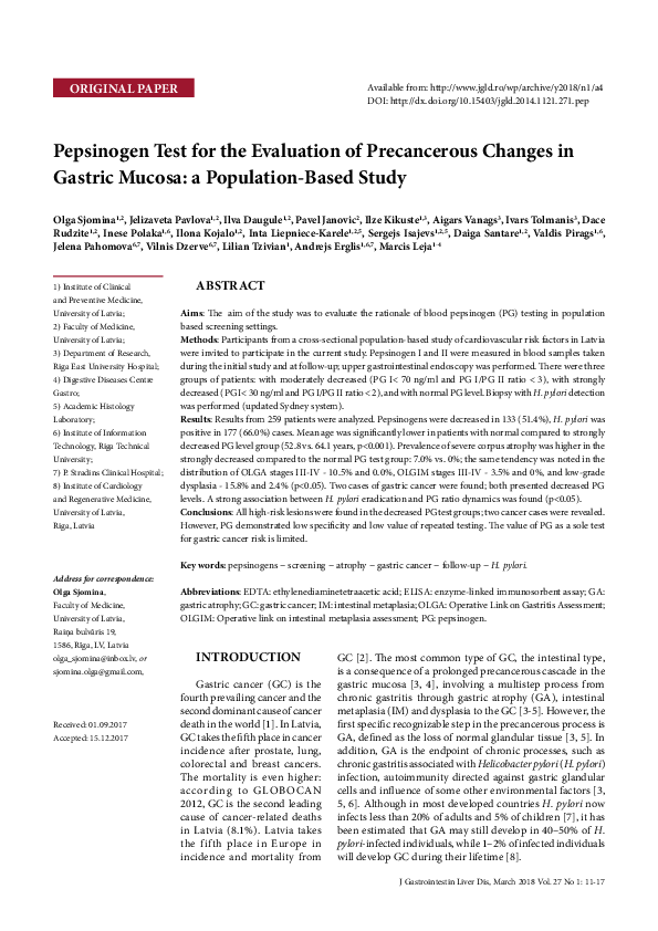 (PDF) Pepsinogen Test for the Evaluation of Precancerous Changes in ...
