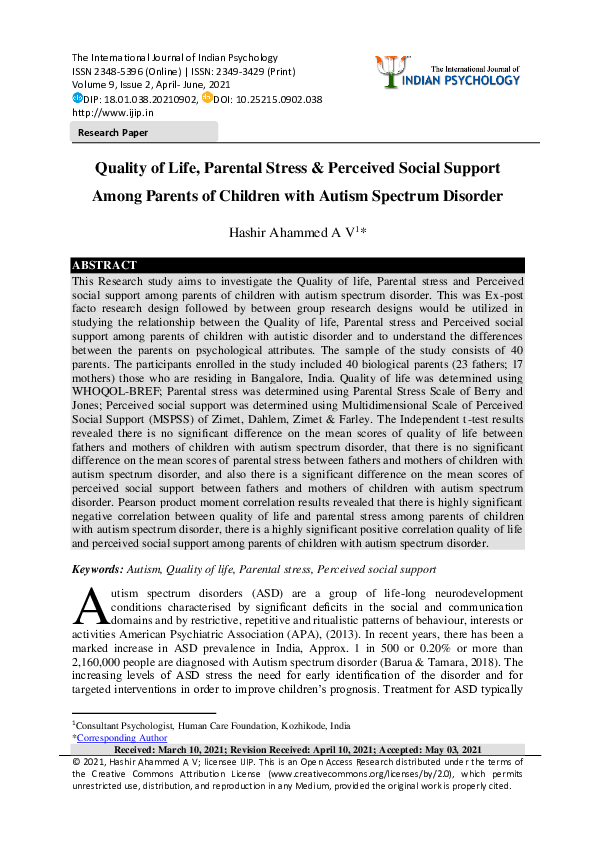 (PDF) Quality of Life, Parental Stress & Perceived Social Support Among ...