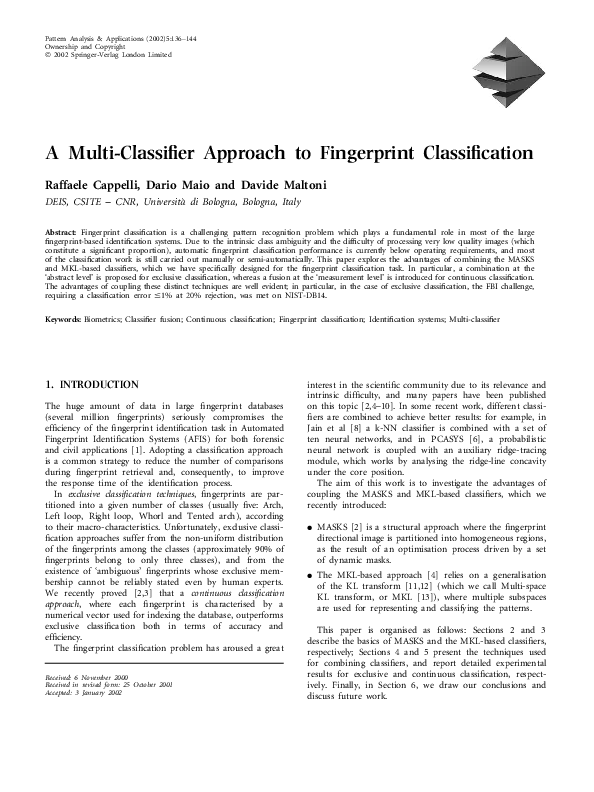 (PDF) A Multi-Classifier Approach to Fingerprint Classification