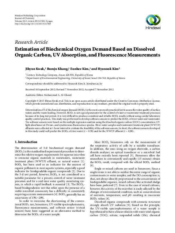 (PDF) Estimation of Biochemical Oxygen Demand Based on Dissolved ...