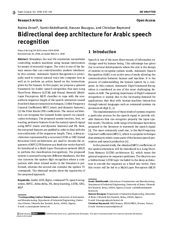 (PDF) Bidirectional deep architecture for Arabic speech recognition