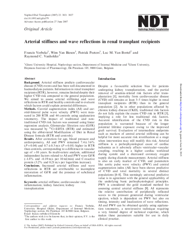 (PDF) Arterial stiffness and wave reflections in renal transplant ...