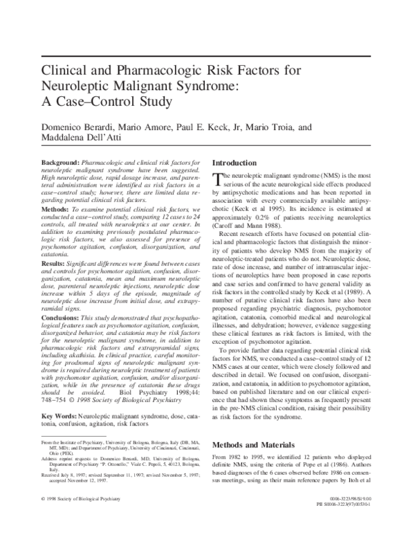 (PDF) Clinical and pharmacologic risk factors for neuroleptic malignant ...