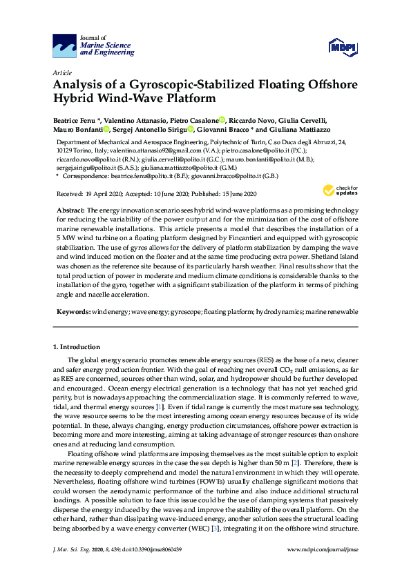 (PDF) Analysis of a Gyroscopic-Stabilized Floating Offshore Hybrid Wind ...