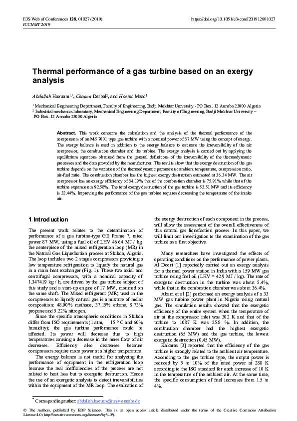 (PDF) Thermal performance of a gas turbine based on an exergy analysis