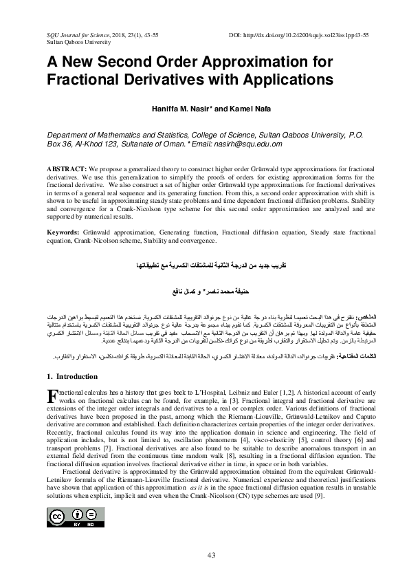 (PDF) A New Second Order Approximation for Fractional Derivatives with ...