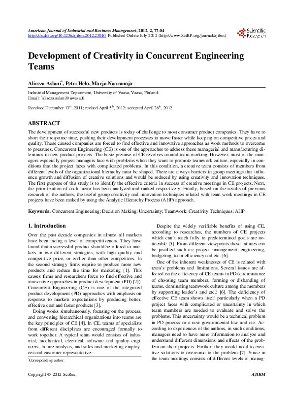 (PDF) Development of Creativity in Concurrent Engineering Teams