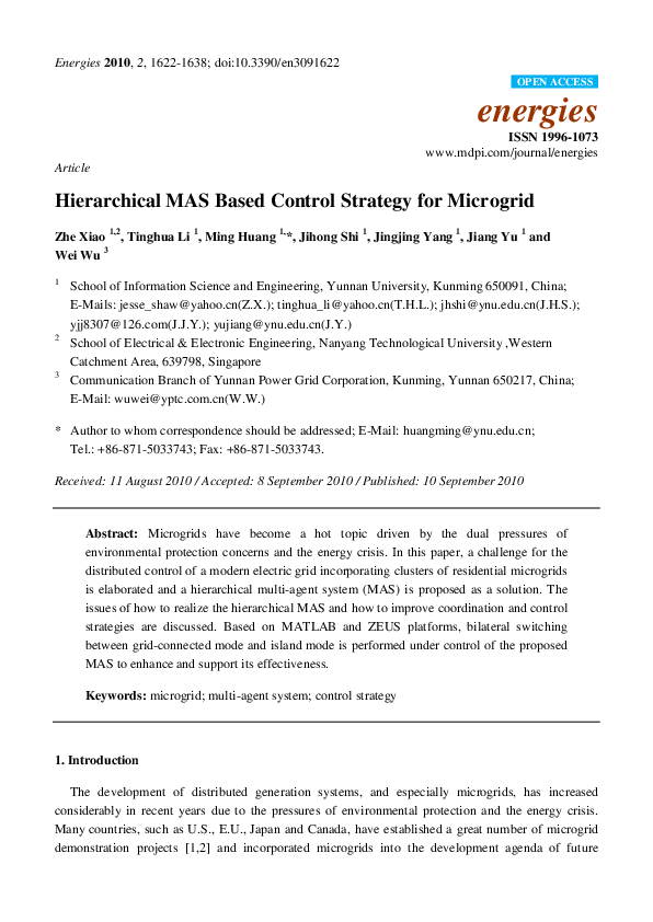 (PDF) Hierarchical MAS Based Control Strategy for Microgrid