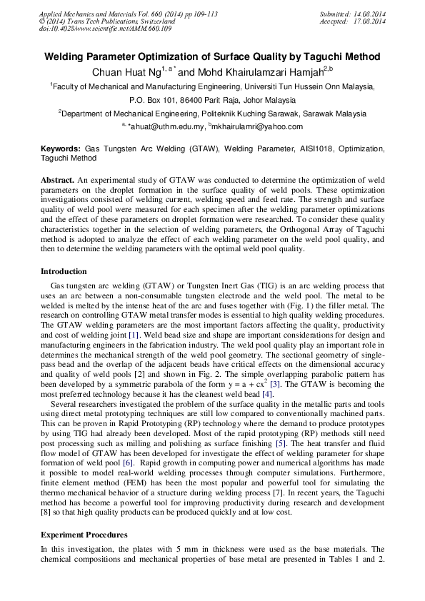 (PDF) Welding Parameter Optimization of Surface Quality by Taguchi