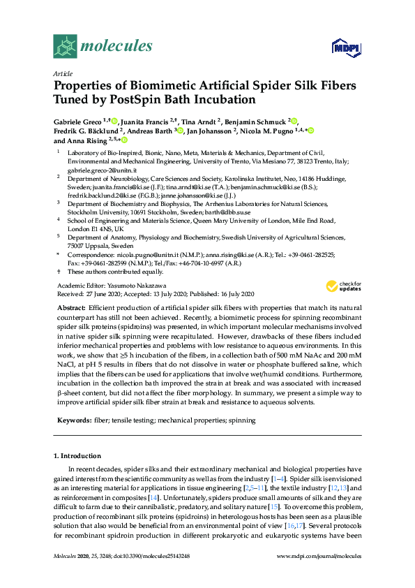 (PDF) Properties of Biomimetic Artificial Spider Silk Fibers Tuned by ...