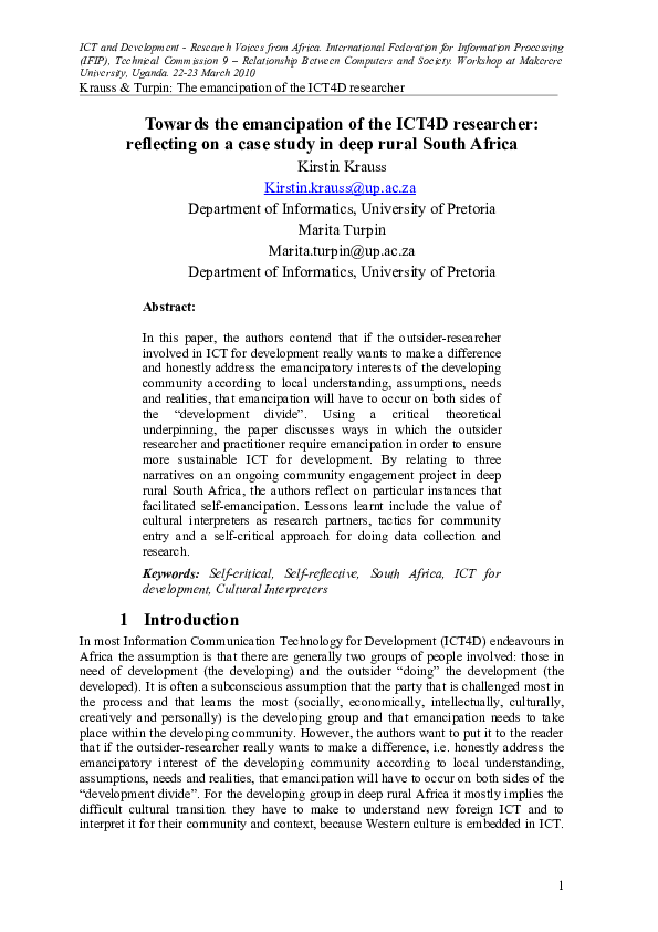 (PDF) Towards the emancipation of the ICT4D researcher: reflecting on a ...