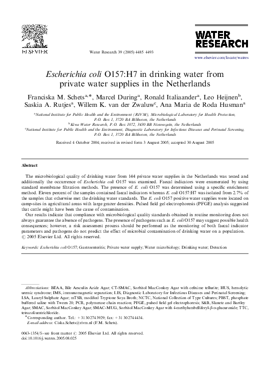 (PDF) Escherichia coli O157:H7 in drinking water from private water ...