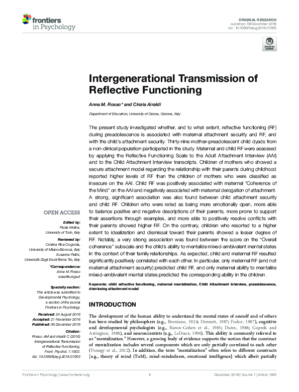 (PDF) Intergenerational Transmission of Reflective Functioning