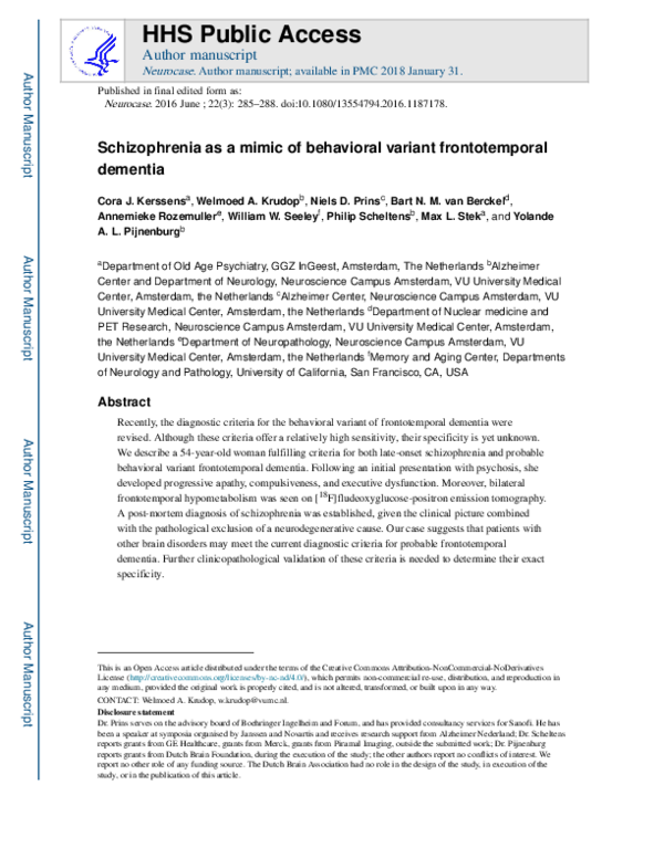  PDF Schizophrenia As A Mimic Of Behavioral Variant Frontotemporal Dementia Max Stek 