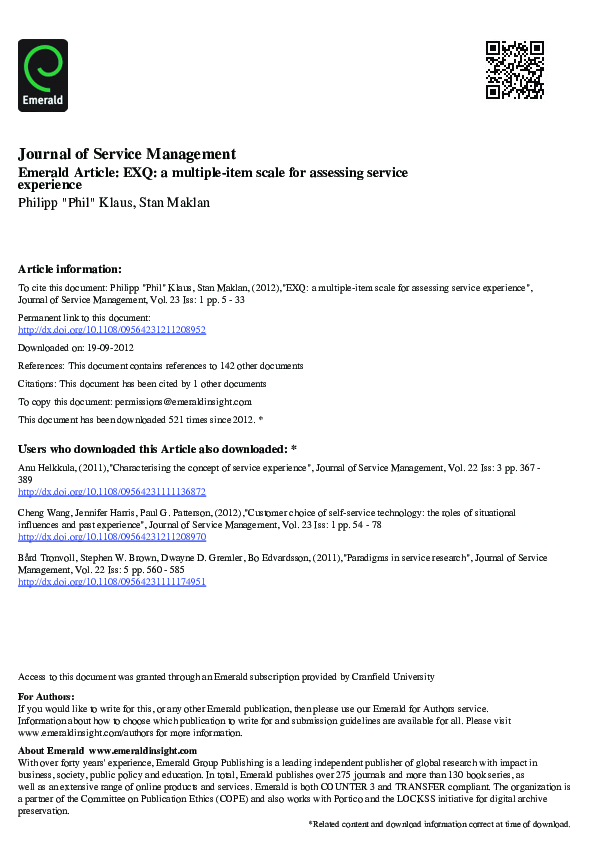 (PDF) EXQ: a multiple-item scale for assessing service experience