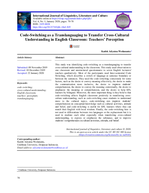 (PDF) Code-switching as a translanguaging to transfer cross-cultural ...