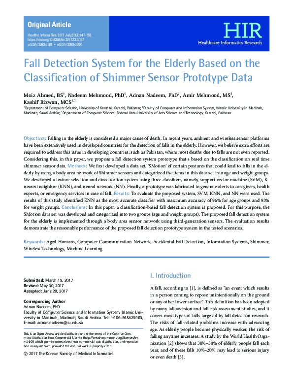 (PDF) Fall Detection System for the Elderly Based on the Classification ...