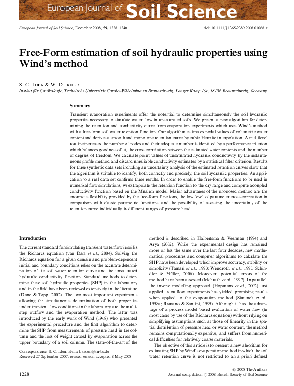 (PDF) Free-Form estimation of soil hydraulic properties using Wind’s method