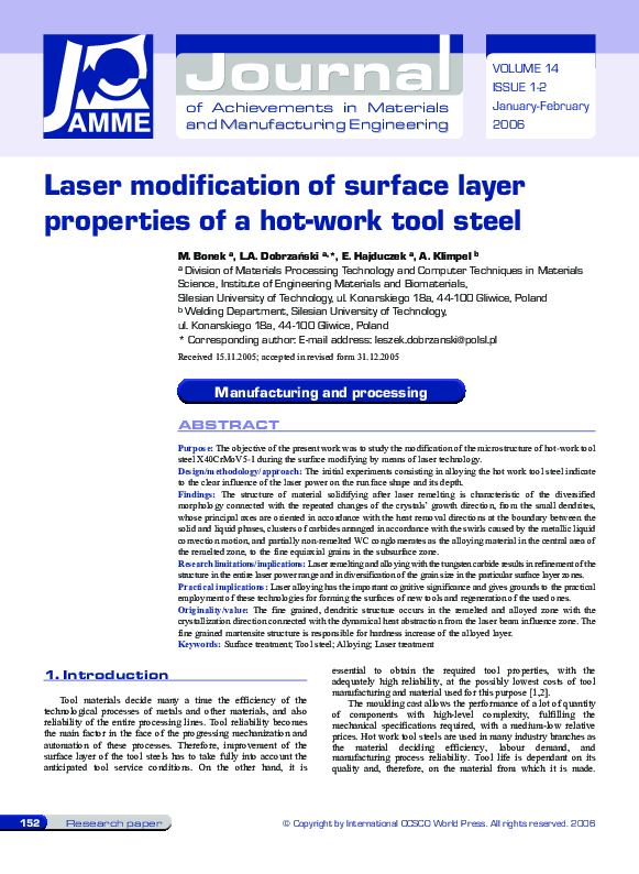 (PDF) Laser modification of surface layer properties of a hot-work tool ...