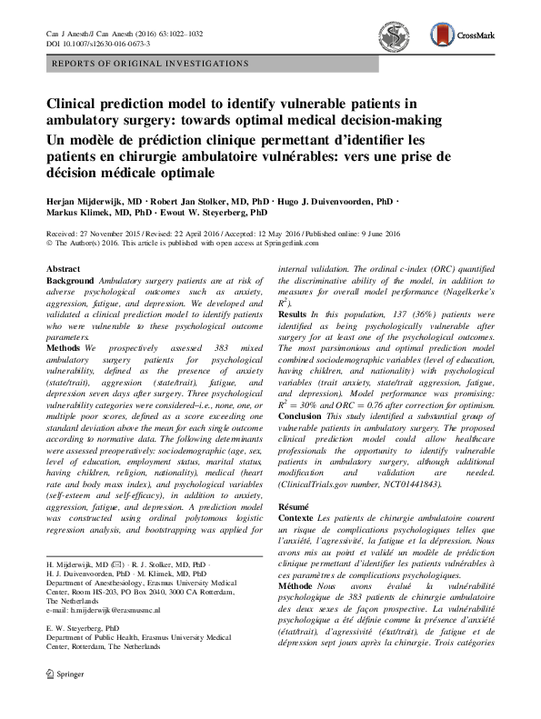 (PDF) Clinical prediction model to identify vulnerable patients in ...