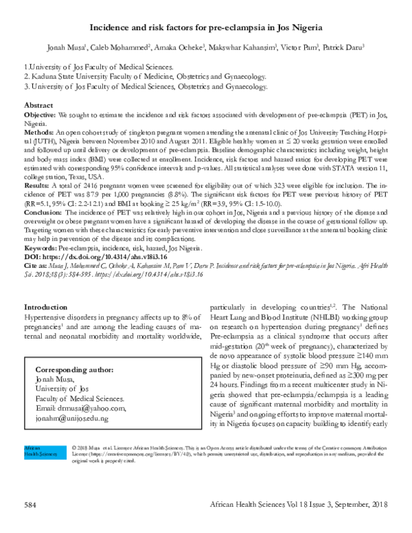 (PDF) Incidence and risk factors for pre-eclampsia in Jos Nigeria