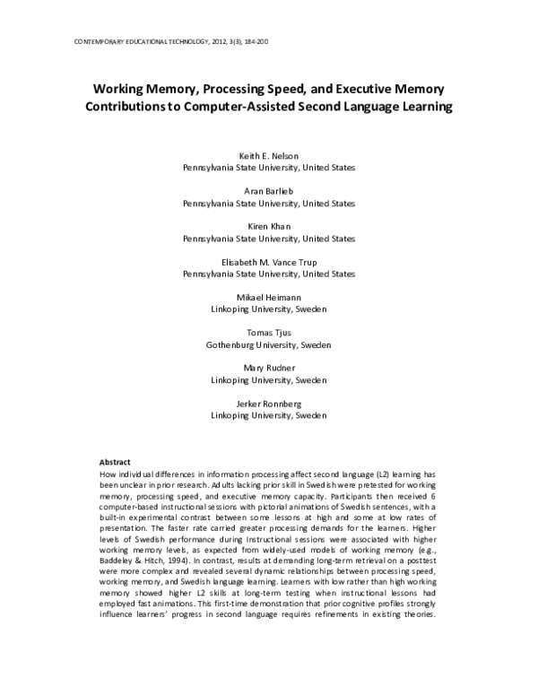 (PDF) Working Memory, Processing Speed, and Executive Memory ...