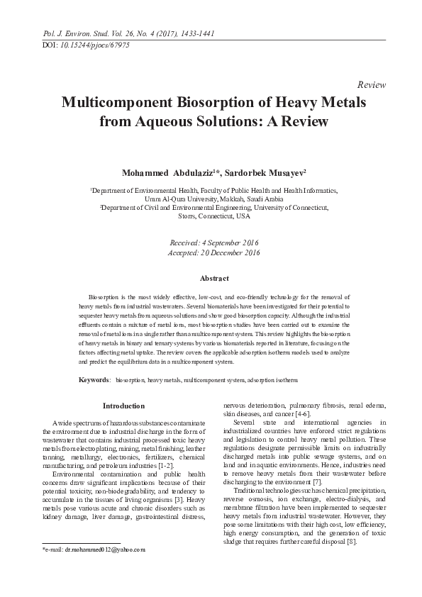 (PDF) Multicomponent Biosorption of Heavy Metals from Aqueous Solutions ...