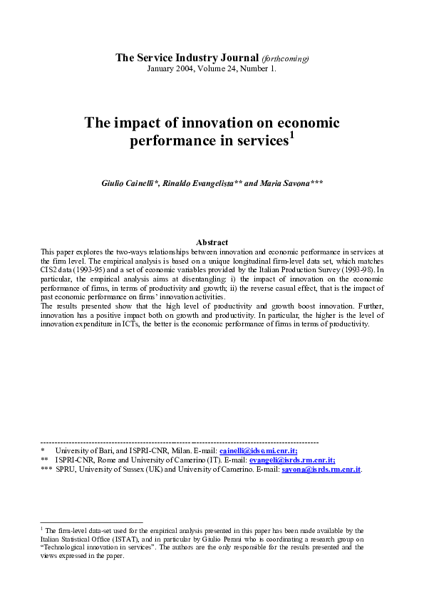 (PDF) The impact of innovation on economic performance in services