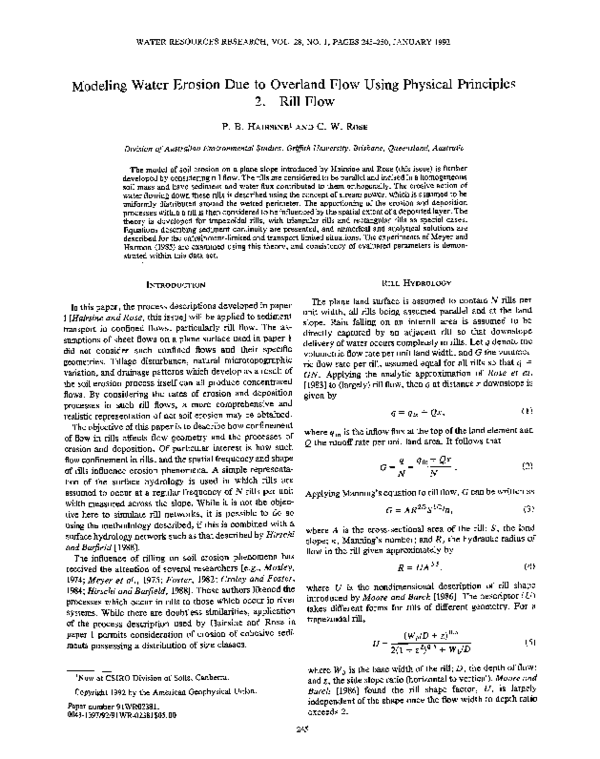 (PDF) Modeling water erosion due to overland flow using physical