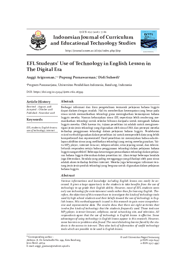 (PDF) EFL Students’ Use of Technology in English Lesson in The Digital Era