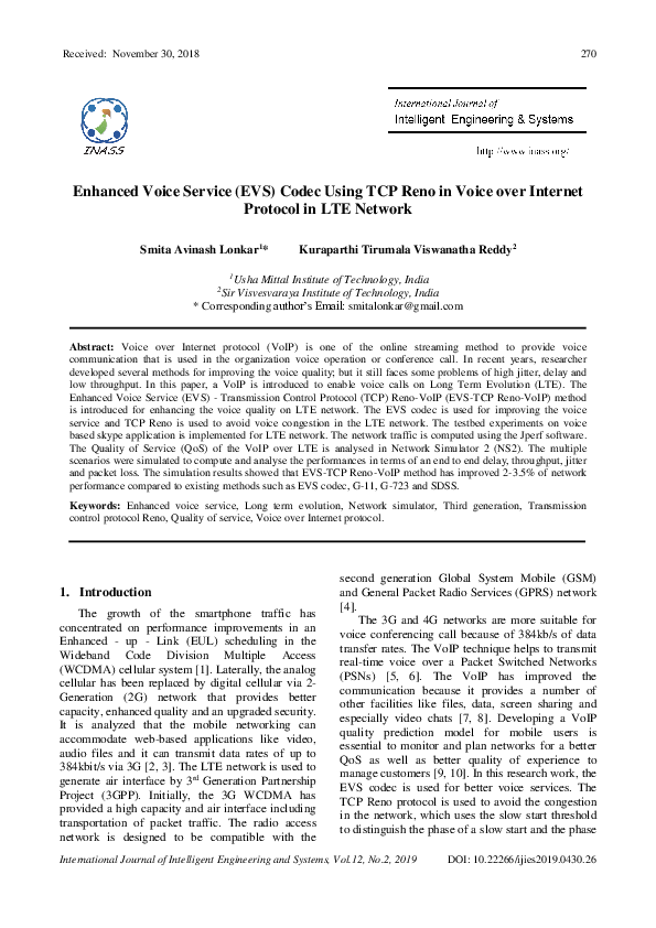 (PDF) Enhanced Voice Service (EVS) Codec Using TCP Reno in Voice over ...