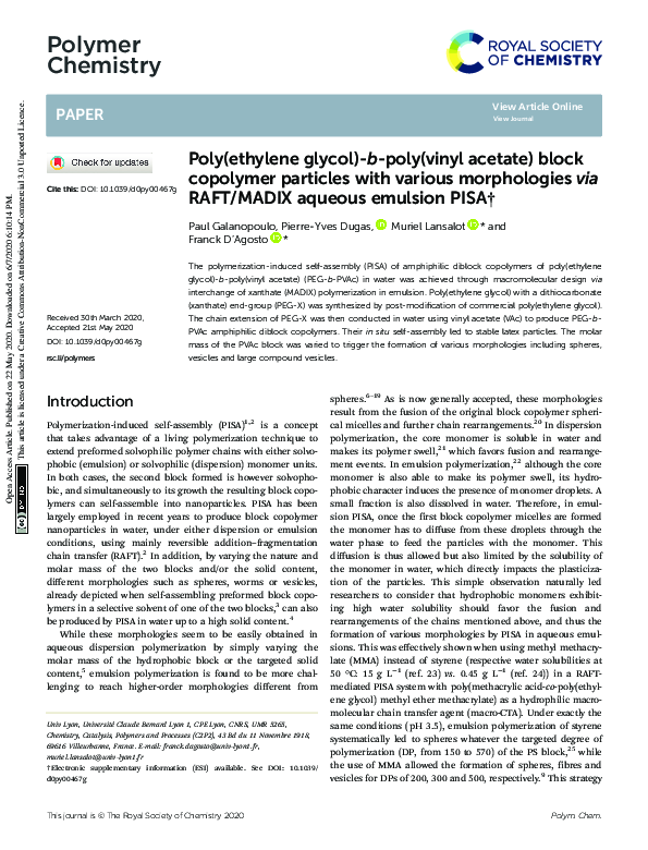 (PDF) Poly(ethylene glycol)-b-poly(vinyl acetate) block copolymer ...
