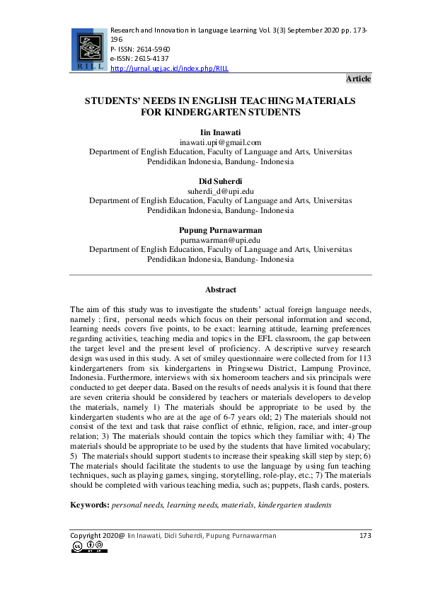 (PDF) Students' Needs in English Teaching Materials for Kindergarten