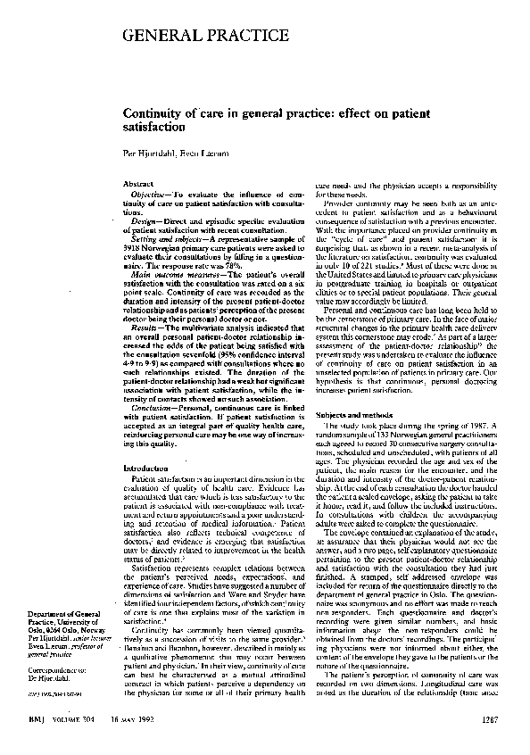 (PDF) Continuity of care in general practice: effect on patient ...