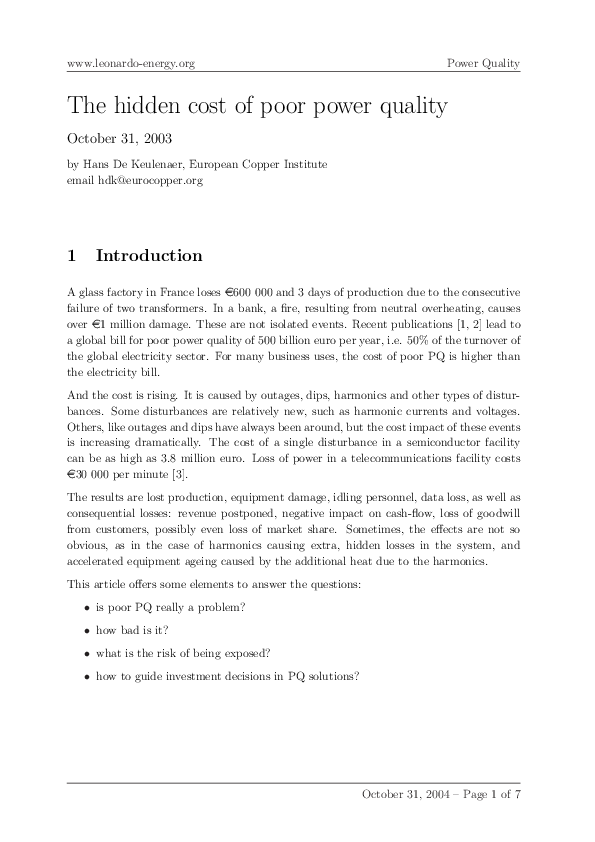 (PDF) The hidden cost of poor power quality Hans De Keulenaer