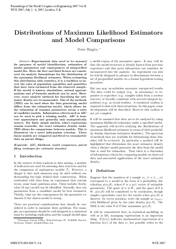 (PDF) Distributions of Maximum Likelihood Estimators and Model Comparisons
